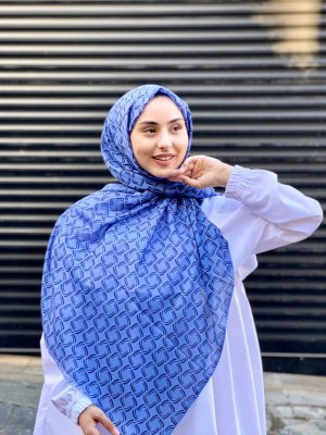 Mahek - Blå Mønstret Bomull Hijab