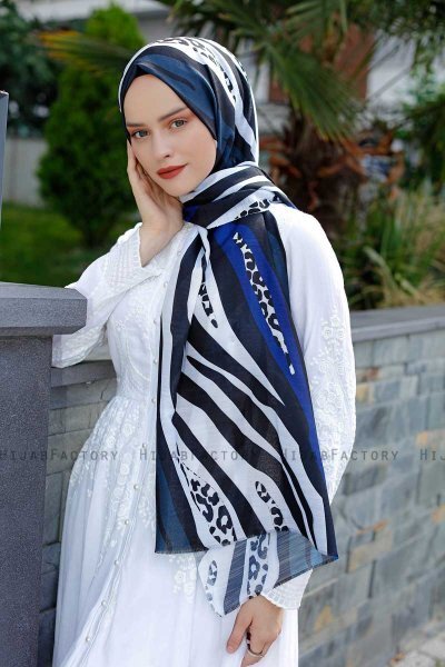 Emel - Marineblå & Hvit Mønstret Hijab - Sal Evi