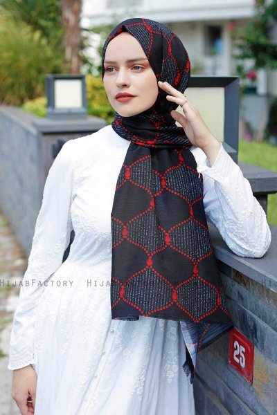 Tutku - Rød & Svart Mønstret Hijab - Sal Evi