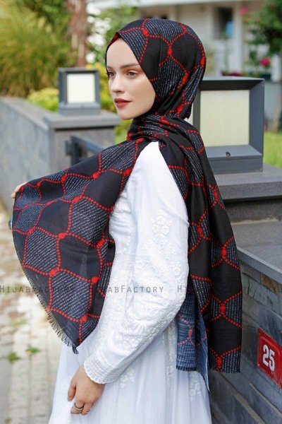 Tutku - Rød & Svart Mønstret Hijab - Sal Evi