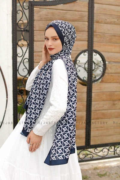 Marineblå Mønstret Twill Hijab - Sal Evi