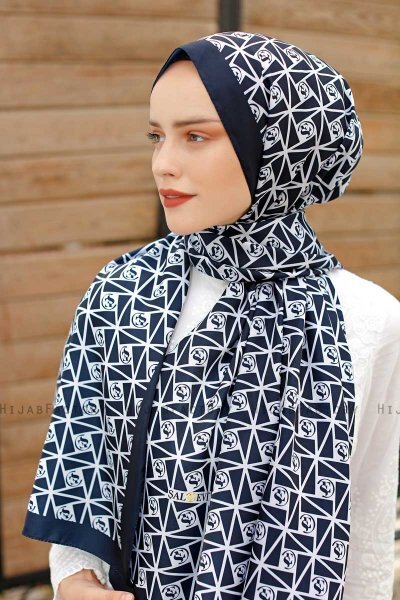 Marineblå Mønstret Twill Hijab - Sal Evi