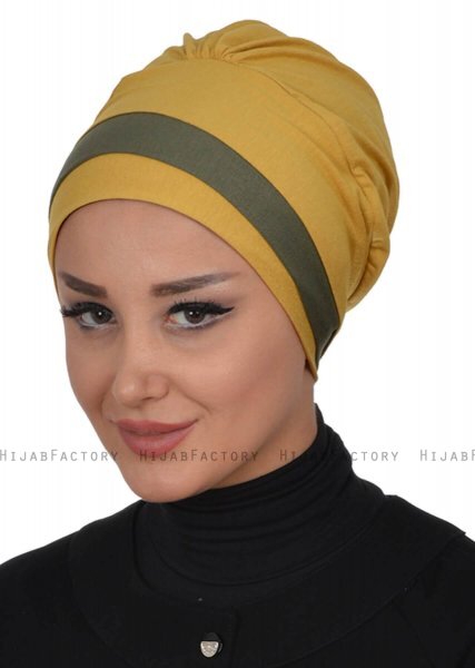 Elsa - Sennepsgul & Khaki Bomull Turban