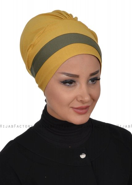 Elsa - Sennepsgul & Khaki Bomull Turban