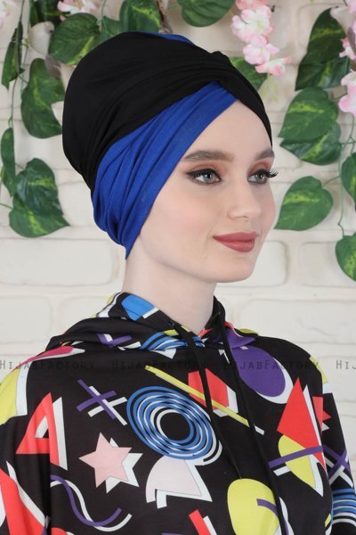 Fiona - Svart & Blå Bomull Turban