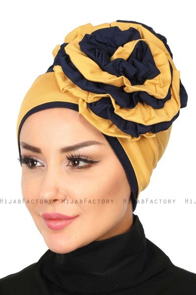 Clara - Sennepsgul & Marineblå Bomull Turban