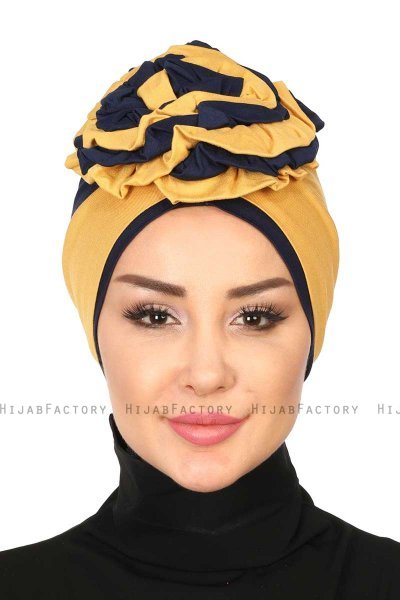 Clara - Sennepsgul & Marineblå Bomull Turban