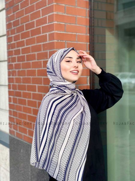 Dalal - Marineblå & Creme Mønstret Crepe Hijab