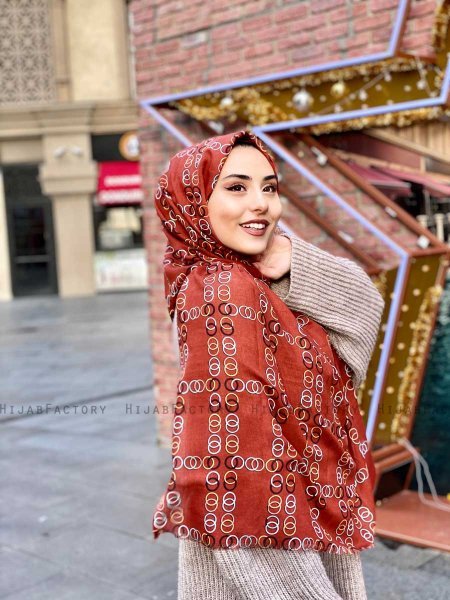 Elyas - Mursteinsrød Mønstret Bomull Hijab - Mirach