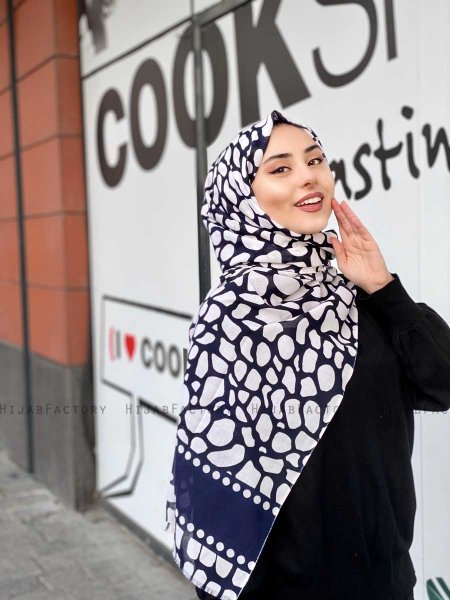 Iza - Marineblå & Hvit Mønstret Bomull Hijab - Mirach