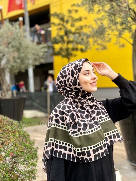 Iza - Svart & Khaki Mønstret Bomull Hijab - Mirach