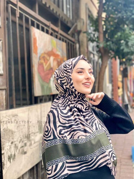 Kadifa - Khaki & Beige Mønstret Bomull Hijab - Mirach