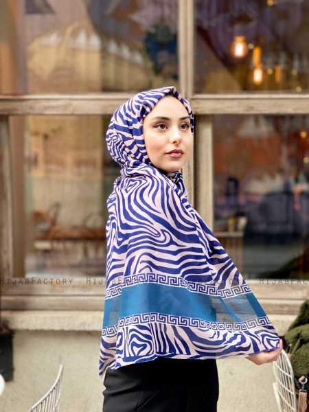 Kadifa - Marineblå & Beige Mønstret Bomull Hijab - Mirach