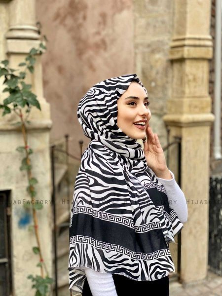 Kadifa - Svart & Hvit Mønstret Bomull Hijab - Mirach