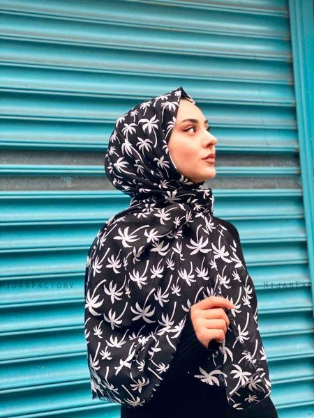 Kenza - Svart Mønstret Bomull Hijab - Mirach
