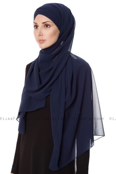 Mehtap - Marineblå Praktisk One Piece Chiffon Hijab