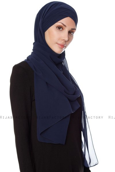 Mehtap - Marineblå Praktisk One Piece Chiffon Hijab