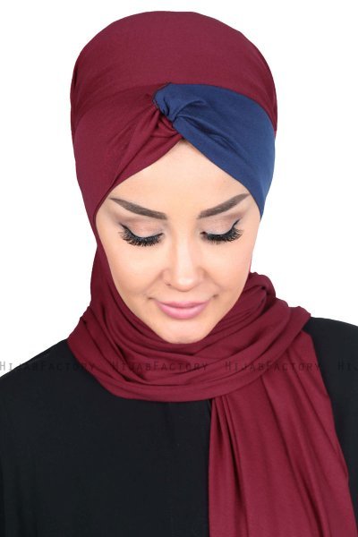 Mikaela - Bordeaux & Marineblå Praktisk Bumull Hijab