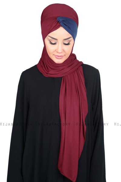 Mikaela - Bordeaux & Marineblå Praktisk Bumull Hijab