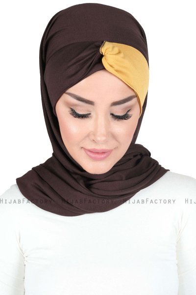 Mikaela - Brun & Sennepsgul Praktisk Bumull Hijab
