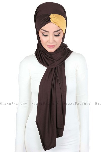 Mikaela - Brun & Sennepsgul Praktisk Bumull Hijab