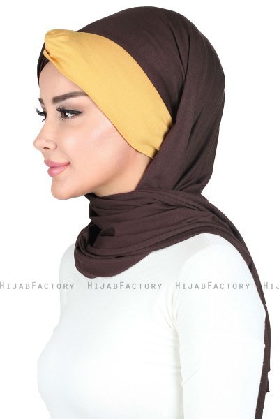Mikaela - Brun & Sennepsgul Praktisk Bumull Hijab