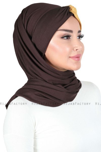 Mikaela - Brun & Sennepsgul Praktisk Bumull Hijab