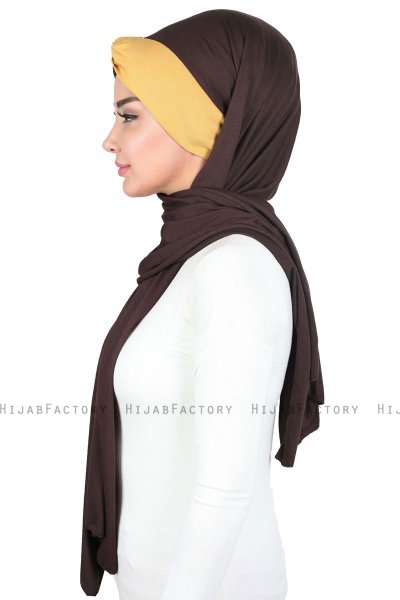 Mikaela - Brun & Sennepsgul Praktisk Bumull Hijab