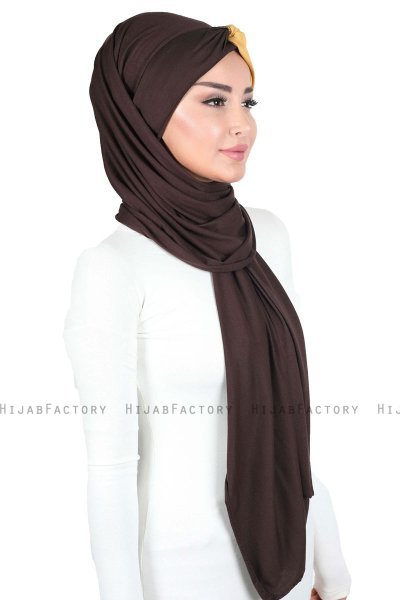 Mikaela - Brun & Sennepsgul Praktisk Bumull Hijab