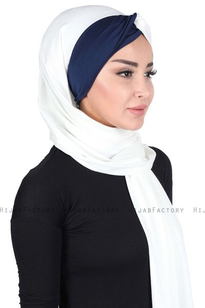 Mikaela - Creme & Marineblå Praktisk Bumull Hijab