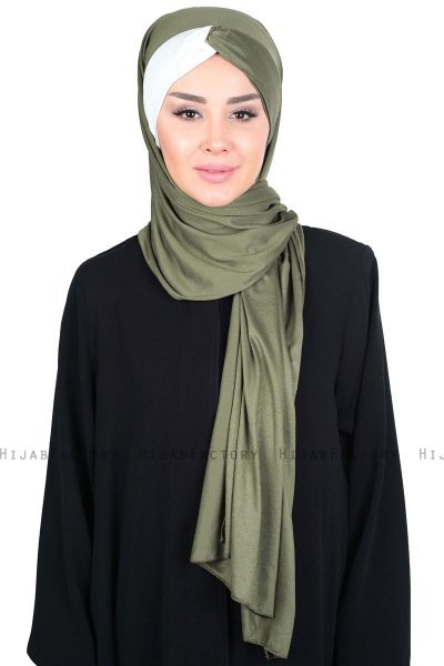 Mikaela - Khaki & Creme Praktisk Bumull Hijab