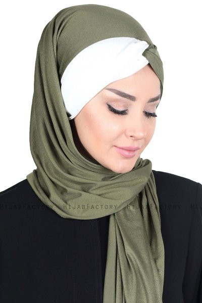 Mikaela - Khaki & Creme Praktisk Bumull Hijab