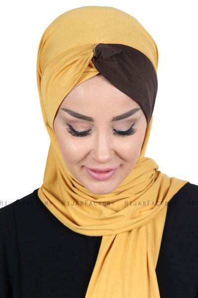 Mikaela - Sennepsgul & Brun Praktisk Bumull Hijab