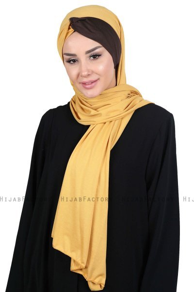Mikaela - Sennepsgul & Brun Praktisk Bumull Hijab