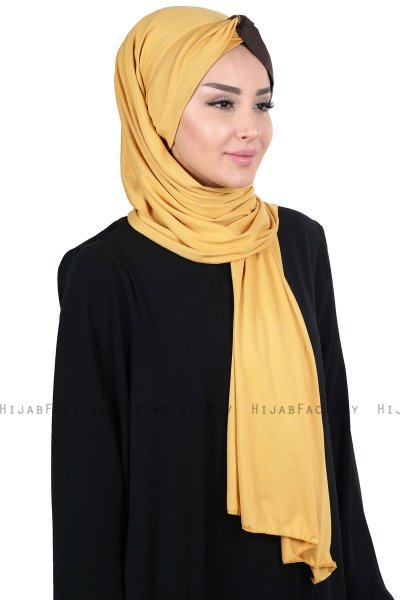 Mikaela - Sennepsgul & Brun Praktisk Bumull Hijab