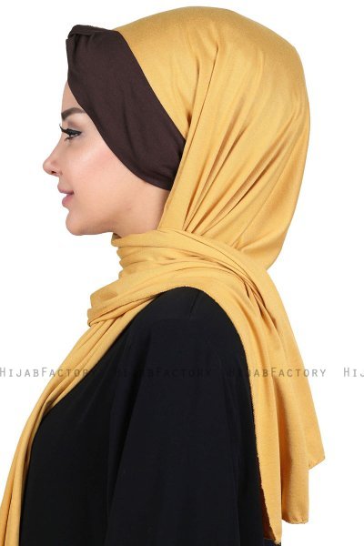 Mikaela - Sennepsgul & Brun Praktisk Bumull Hijab