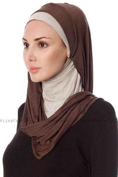 Naz - Brun & Lys Taupe Praktisk One Piece Hijab - Ecardin