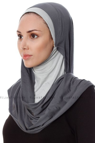 Naz - Mørk Grå & Lysegrå Praktisk One Piece Hijab - Ecardin