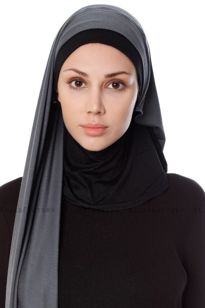 Naz - Mørk Grå & Svart Praktisk One Piece Hijab - Ecardin