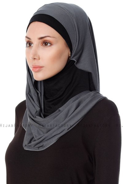 Naz - Mørk Grå & Svart Praktisk One Piece Hijab - Ecardin