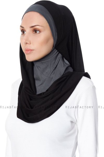 Naz - Svart & Mørk Grå Praktisk One Piece Hijab - Ecardin