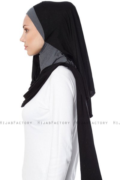 Naz - Svart & Mørk Grå Praktisk One Piece Hijab - Ecardin
