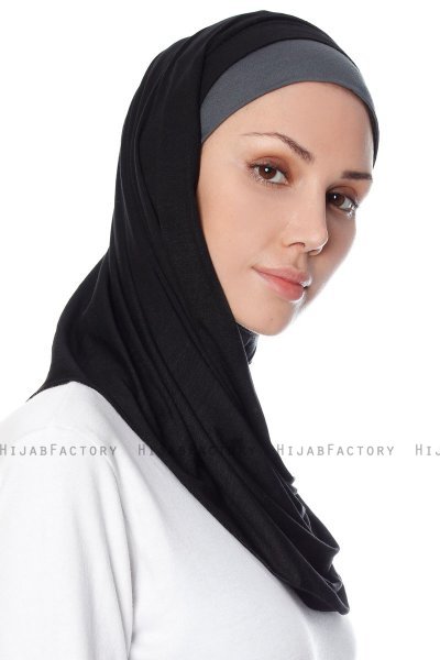 Naz - Svart & Mørk Grå Praktisk One Piece Hijab - Ecardin