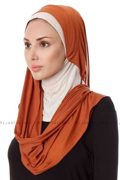 Naz - Mursteinsrød & Lys Beige Praktisk One Piece Hijab - Ecardin
