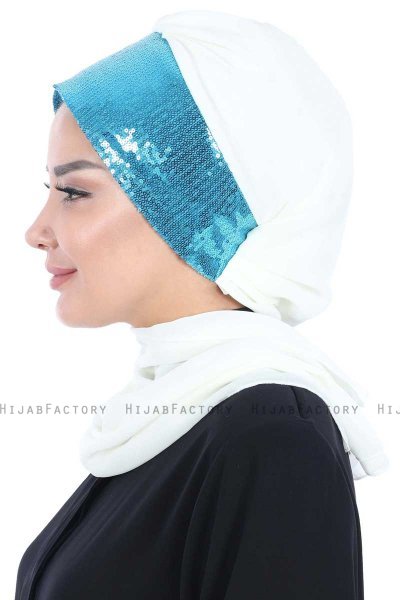 Olga - Offwhite & Blå Praktisk Hijab