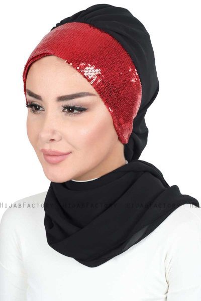 Olga - Svart & Rød Praktisk Hijab