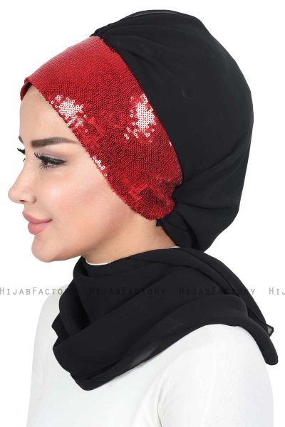Olga - Svart & Rød Praktisk Hijab