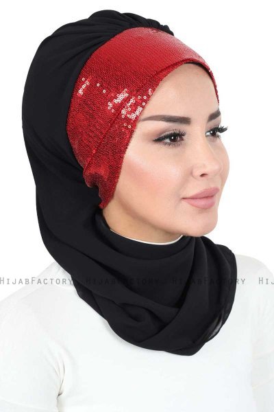 Olga - Svart & Rød Praktisk Hijab