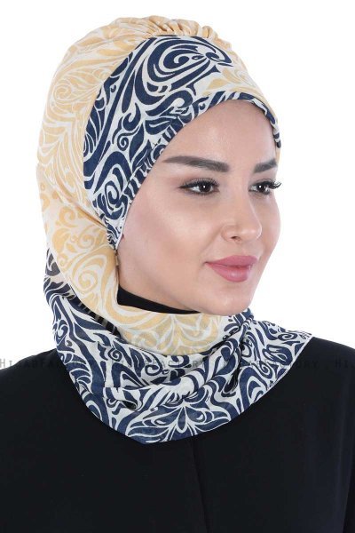 Regina - Marineblå & Gul Chiffon Instant Turban