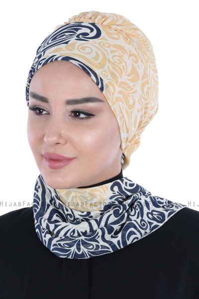 Regina - Marineblå & Gul Chiffon Instant Turban